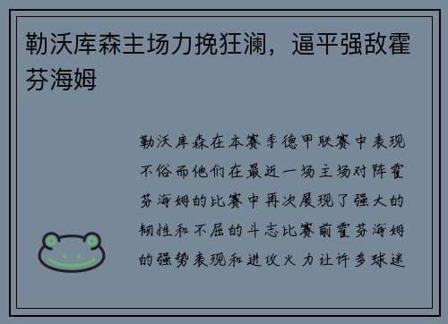 勒沃库森主场力挽狂澜，逼平强敌霍芬海姆
