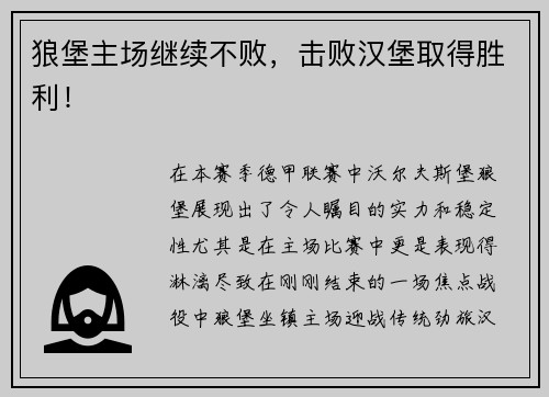 狼堡主场继续不败，击败汉堡取得胜利！