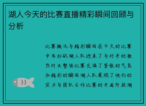湖人今天的比赛直播精彩瞬间回顾与分析